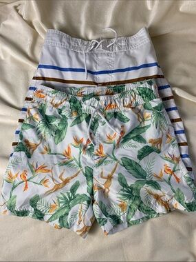 Janie and Jack White Tropical Print Swim Trunks with Green and Orange Accents